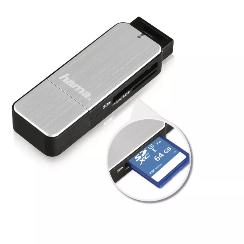 Hama 123900 USB-3.0-Kartenleser SD/microSD, Aluminium, schwarz/silber
