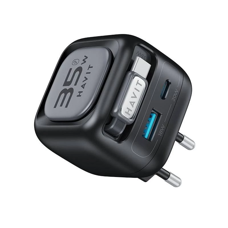 Havit UC250 A-EU GaN-Reiseladegerät mit ausziehbarem Kabel, schwarz