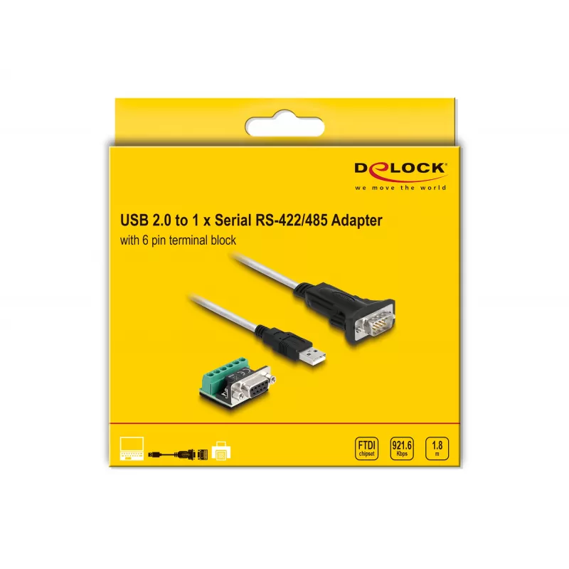DeLOCK 63465 USB 2.0 Typ-A auf Seriell RS-422/485 Adapter, 6-Pin Terminalblock, 1,8 m, Schwarz/Transparent