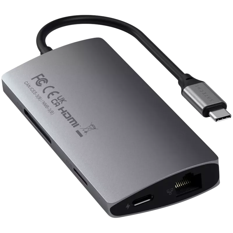 Satechi Aluminium Adapter V2 USB-C (USB-C, 3x USB-A, 4K HDMI, Kartenleser micro/SD, Ethernet) (Starlight Grey)