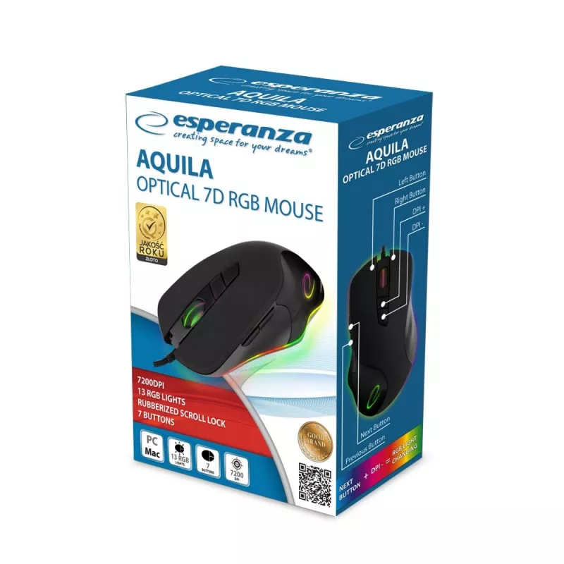Esperanza EM132 Aquila kabelgebundene optische Gaming-Maus, 7200 DPI, 7 Tasten, RGB, Rechtshänder, USB
