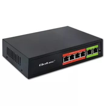 Ethernet PoE Switch QOLTEC 52289 — 4x RJ45 PoE-Ports, 2x RJ45 Uplink, 65W PoE-Budget