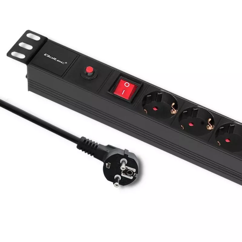 Qoltec 53993 19-Zoll-1U-Rack-PDU mit Überspannungsschutz, 6x Schuko, 16 A, 2 m, Schwarz