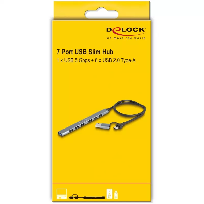 Delock 64273 7 Port Slim USB Hub, USB Type-C oder Typ-A auf 1x USB 5 Gbps Typ-A + 6x USB 2.0 Typ-A