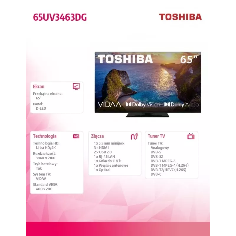 Television Toshiba 65UV3463DG 65 Zoll 4K Ultra HD DLED 3840 x 2160