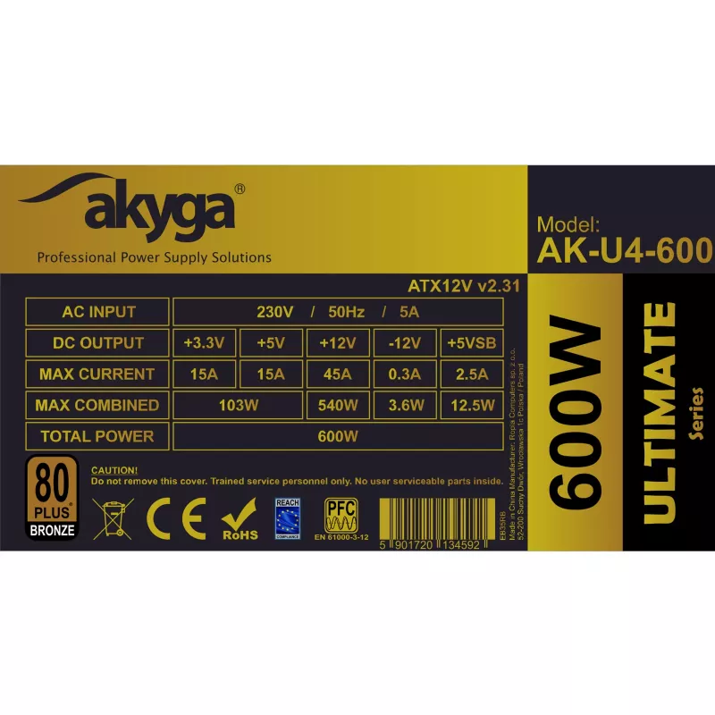 Akyga Ultimate AK-U4-600 ATX-Netzteil 600 W, 80 PLUS Bronze, aktive PFC, 120-mm-Lüfter