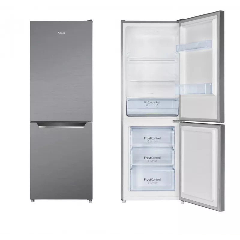 Amica FK2425.4UNTX(E) freistehende Kühl-Gefrierkombination, Gefrierfach unten, 153 l Kühlteil + 74 l Gefrierfach, FrostControl, Energieklasse E, Silber