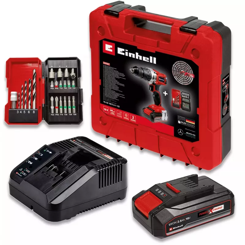 Einhell TE-CD 18/2 Li-i +22 Akku-Schlagbohrschrauber 18 V, 1250 U/min, inkl. 2,5-Ah-Akku, Ladegerät und Koffer, rot/schwarz