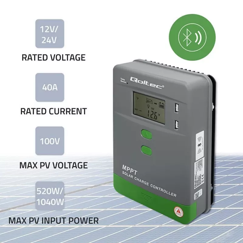 Solar-MPPT-Laderegler QOLTEC 40A 12V/24V mit LCD-Anzeige