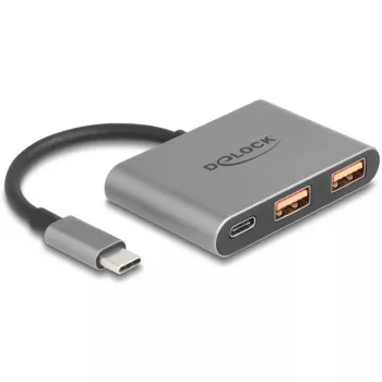 USB-Hub DELOCK 64337 — USB 3.2 Gen 2 Typ-C-Host, 3 Ports (Typ-C + 2× Typ-A), 10 Gbit/s, grau, Metallgehäuse