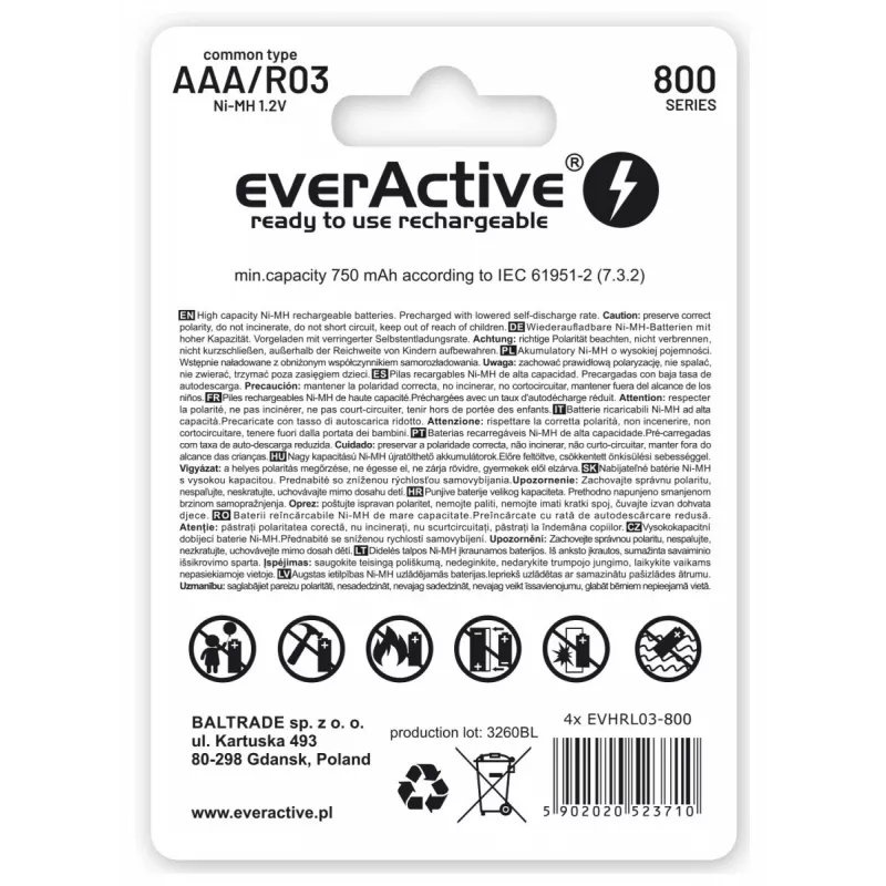 everActive EVHRL03-800-2BL AAA NiMH 800 mAh wiederaufladbare Akkus (2 Stück)