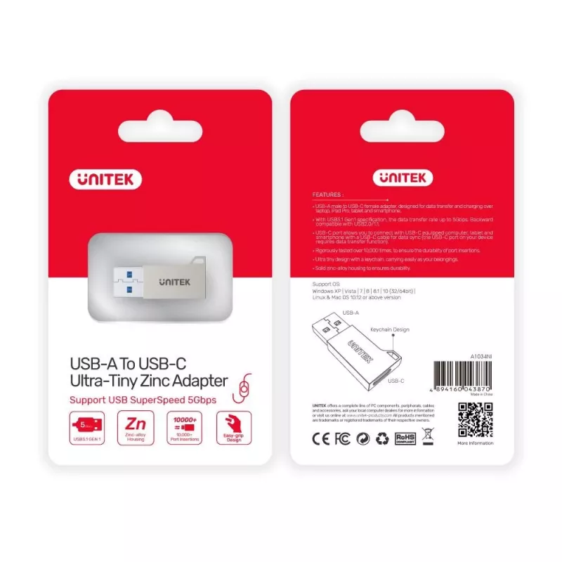 Unitek A1034NI Adapter USB-A Stecker auf USB-C Buchse, USB 3.1 Gen1, silber