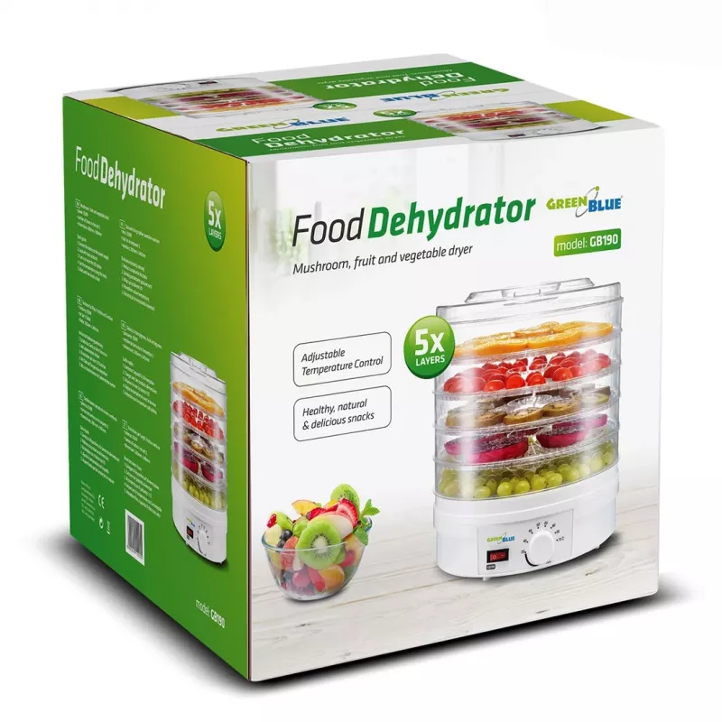 GreenBlue GB190 Dörrgerät für Pilze, Gemüse und Obst, 5 Etagen, 250 W, einstellbare Temperatur 35–70 °C, Weiß
