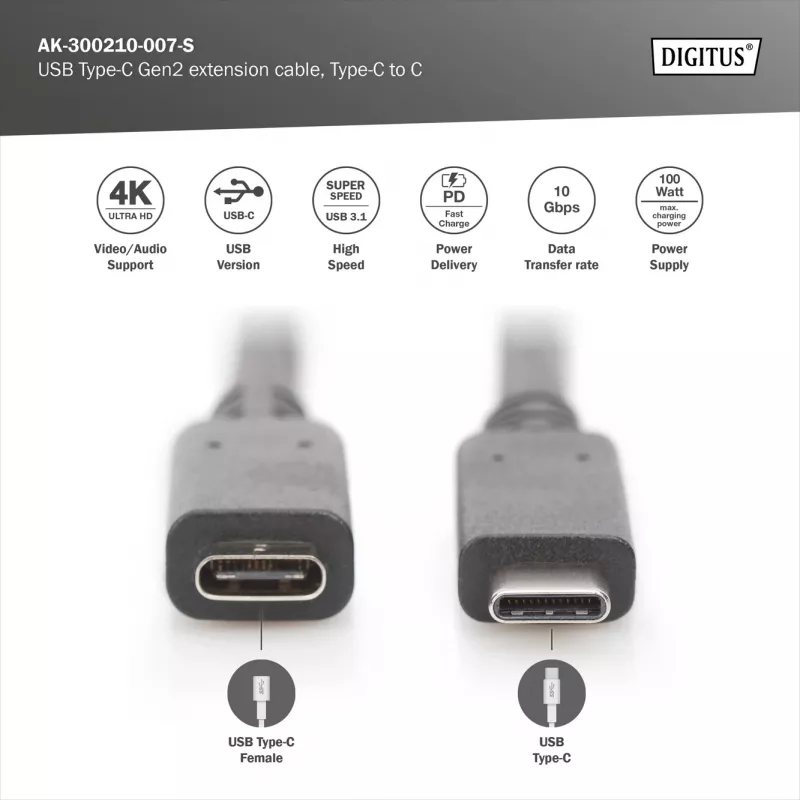 USB-Typ-C-Verlängerungskabel Digitus AK-300210-007-S 0,7 m