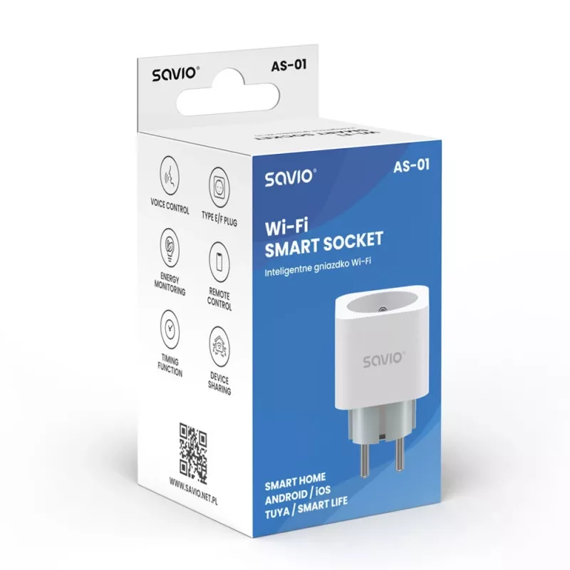 Smarte Steckdose SAVIO AS-01 16A Wi‑Fi 2,4 GHz, Stecker Typ E/F, 220–240 V, 3680 W, weiß