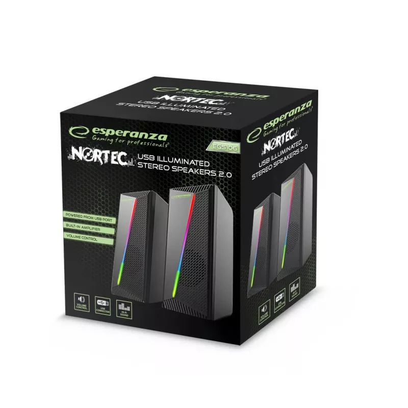 Esperanza EGS106 Rainbow Nortec 2.0 Lautsprecher, 6 W (2x3 W), USB-Stromversorgung, 3,5-mm-Miniklinke, RGB-LED, schwarz