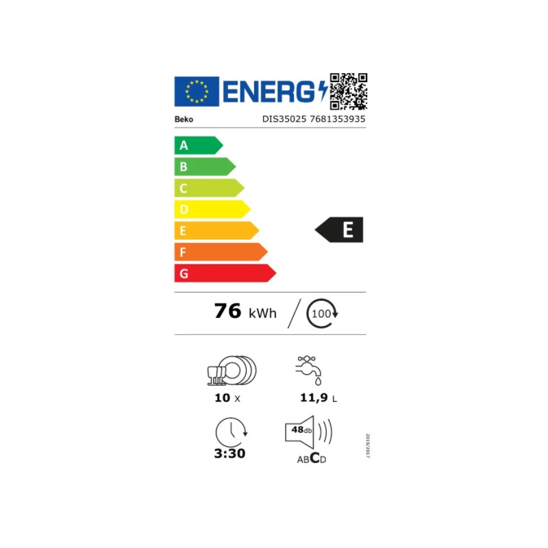 BEKO Einbau-Geschirrspüler DIS35020, Energieeffizienzklasse E, 45 cm, 5 Programme