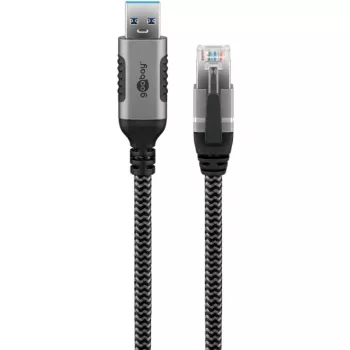 Ethernet-Kabel USB-A 3.2 Gen1 Stecker > RJ-45 Stecker, LAN-Adapter schwarz/Silber, 2 Meter, umflochtene Textilummantelung