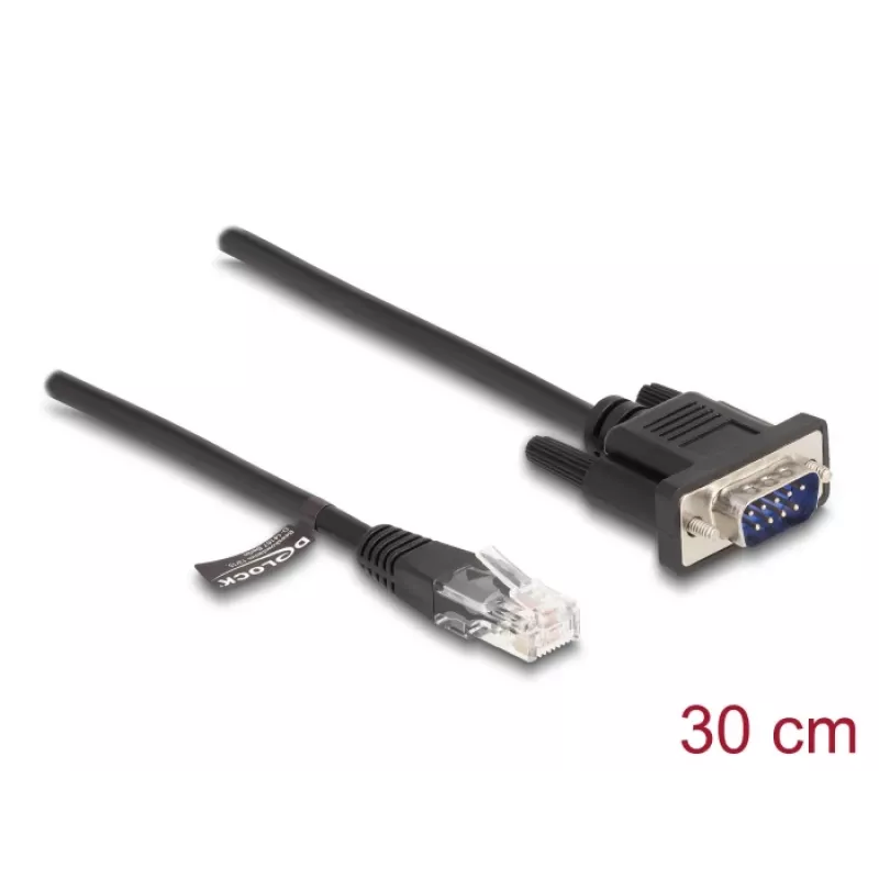 Delock RS-232-Serienkabel, RJ45-Stecker auf D-Sub 9-Stecker, 30 cm, Schwarz
