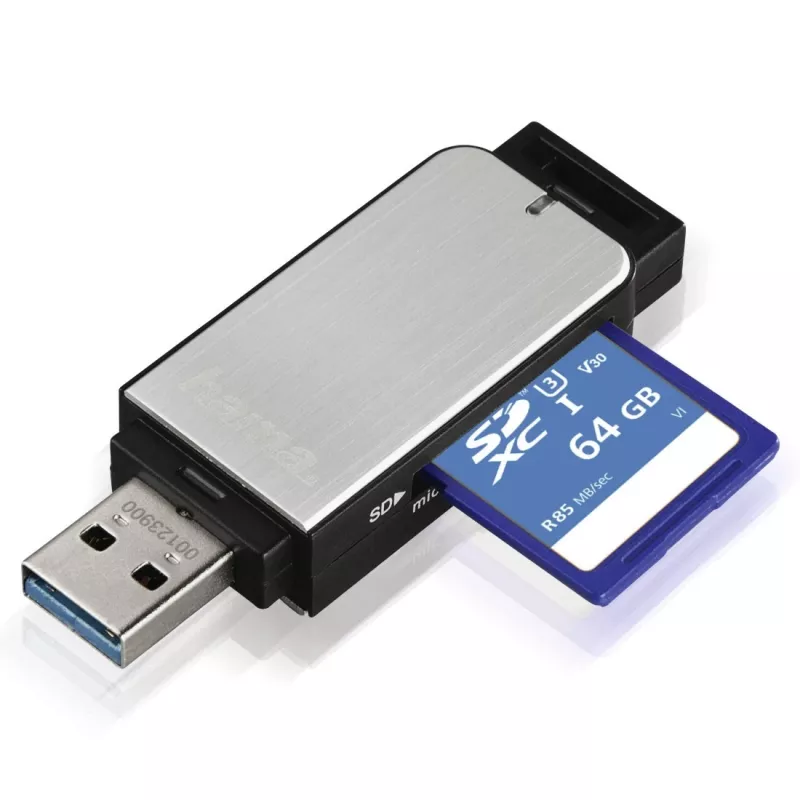 Hama 123900 USB-3.0-Kartenleser SD/microSD, Aluminium, schwarz/silber