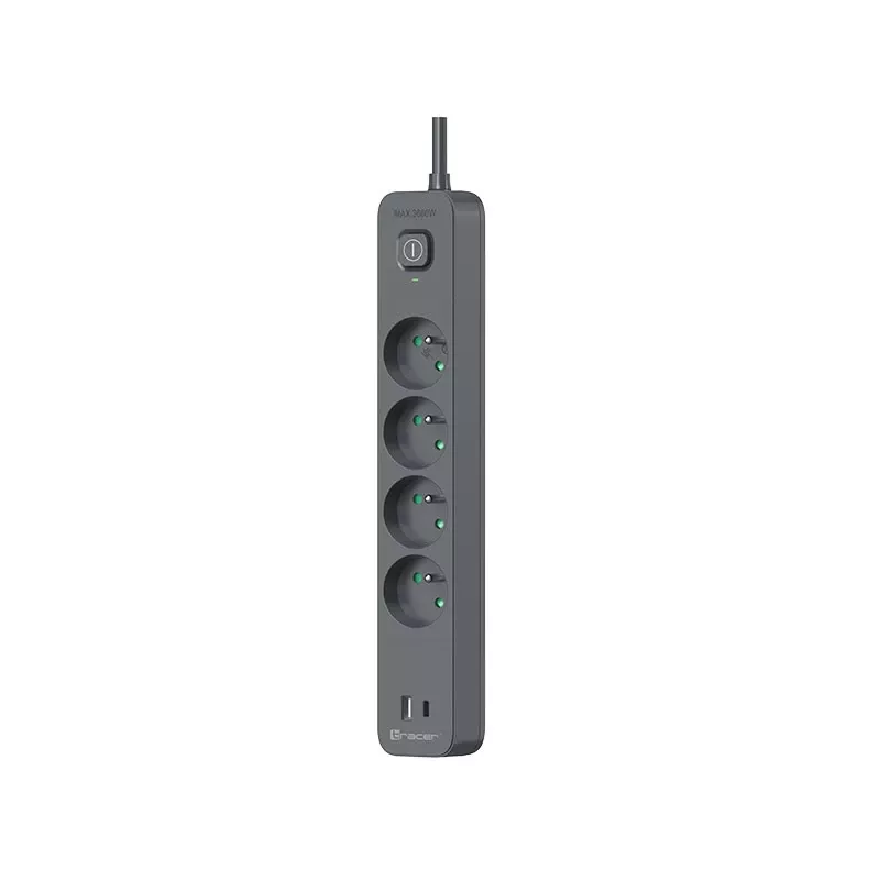 Tracer Power Line+ TRALIS47026 Steckdosenleiste, 4 Steckdosen, USB-A + USB-C PD 18 W, 1,5 m, Graphit