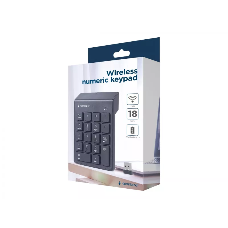 Gembird KPD-W-02 Kabelloser Ziffernblock, 2,4 GHz, USB, 18 Tasten, Schwarz