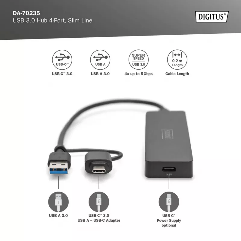 Digitus DA-70235 4-Port-USB-3.0-Hub Slim Line mit USB-C-Adapter, 5 Gbit/s