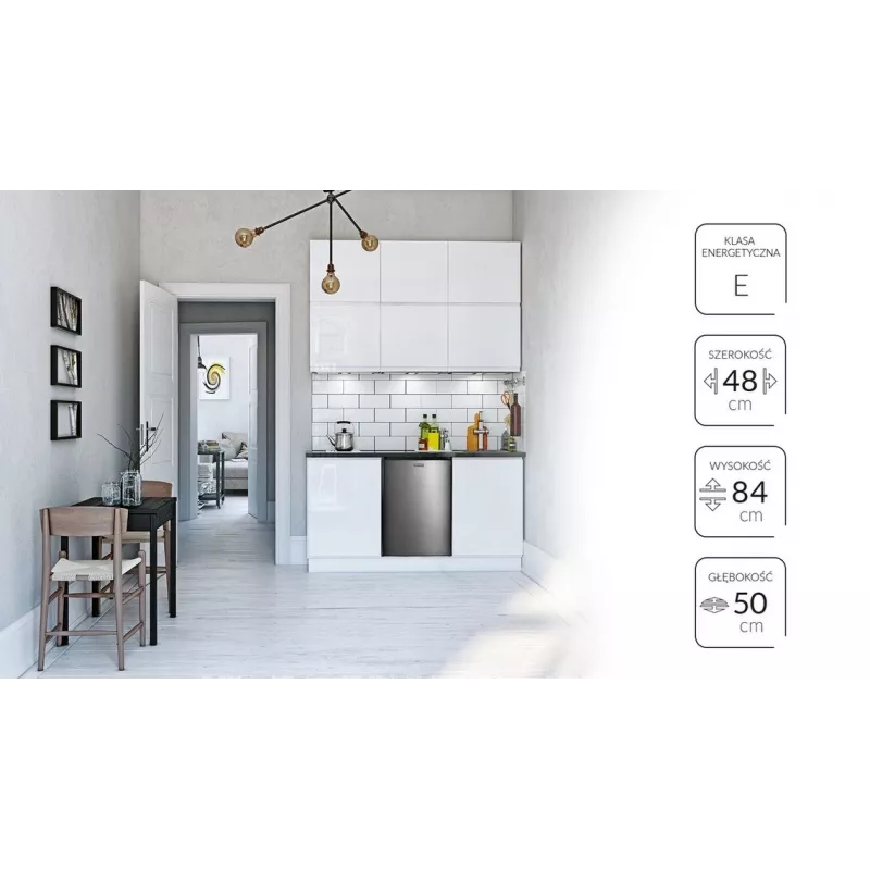 Freistehender Kühlschrank MPM 112-CJ-16/AA — 82 L Gesamt, 69 L Kühlteil, 11 L Gefrierteil, grau, 480×500×840 mm, wechselbarer Türanschlag, Klasse E