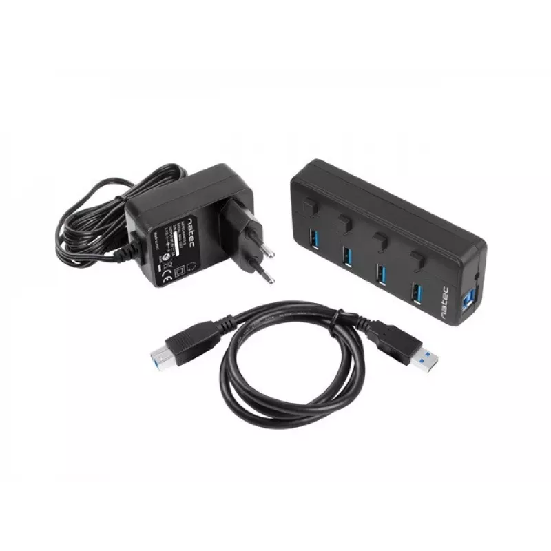 Natec Mantis 2 NHU-1557 4-Port-USB-3.0-Hub, USB-Type-B-Eingang, Ein-/Aus-Schalter, Netzteil, schwarz