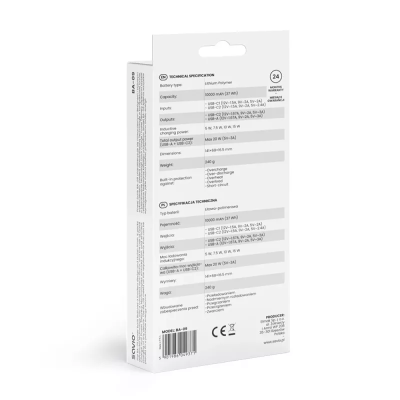 Savio BA-09 kabellose Powerbank, 10000 mAh, Schwarz