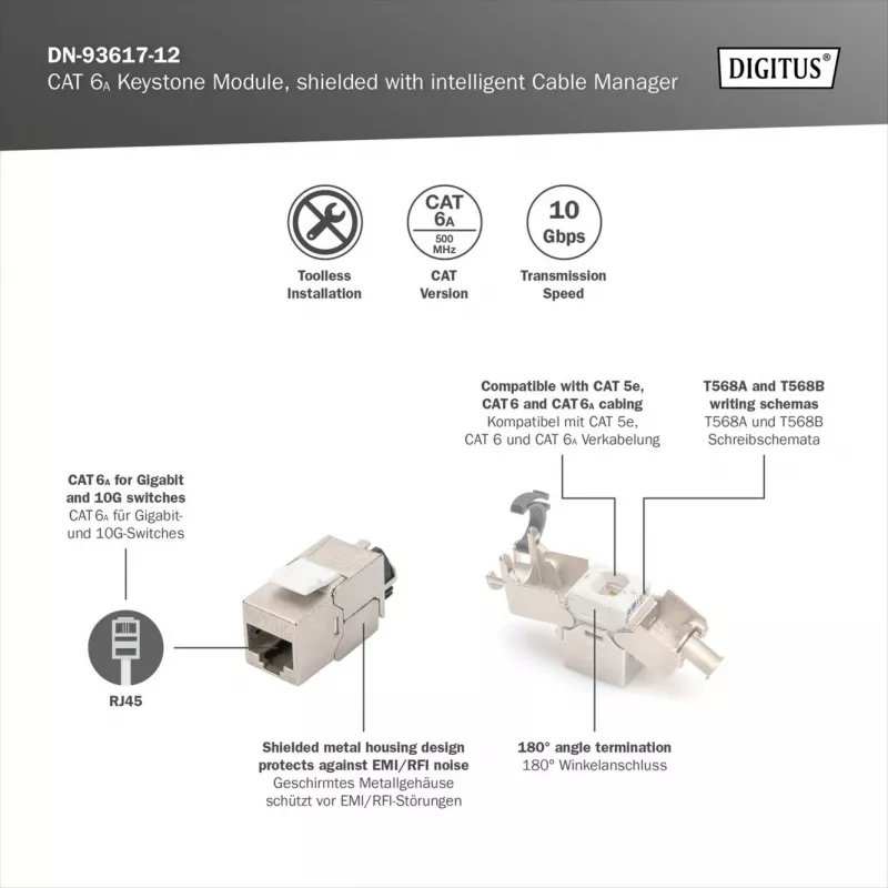 Digitus Cat.6A geschirmtes Keystone-Modul mit intelligentem Kabelmanager, 12 Stück, silber