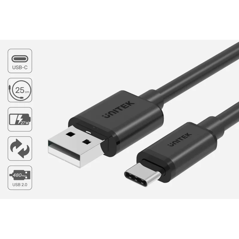 USB-A-auf-USB-C-Kabel Unitek C14068BK, 2 m, USB 2.0, schwarz, Stecker-Stecker