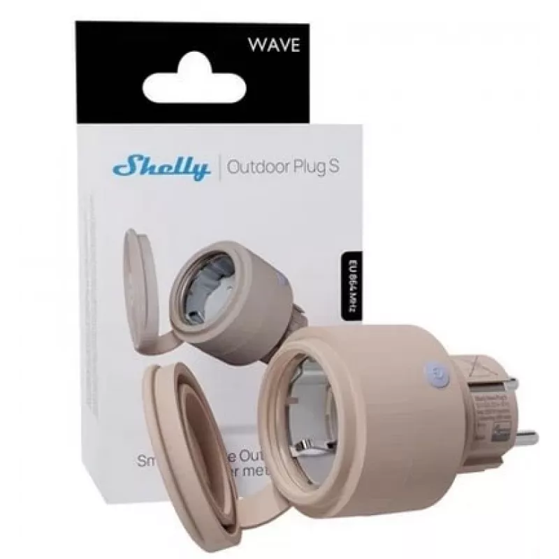 Shelly Wave Outdoor Plug S LR smarter Outdoor-Stecker, Z-Wave Long Range, IP44, 230 V, 12 A, 2500 W, Energiemessung, SmartStart, OTA, LED, Mokka