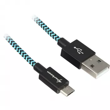 USB 2.0 Kabel, USB-A Stecker > Micro-USB Stecker (schwarz/Hellblau, 3 Meter, ummantelt)