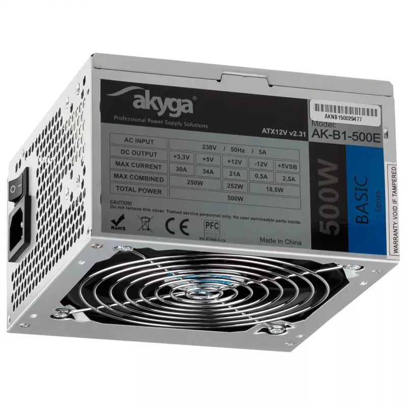 Akyga AK-B1-500E Basic 500 W ATX-Netzteil, passive PFC, 120-mm-Lüfter, grau