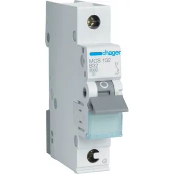 Hager MCS132. Nennstrom: 32 A. Typ: C-Charakteristik, Modulanzahl (max.): 1 Modul(e). Breite: 17,5 mm, Tiefe: 70 mm, Höhe: 83,4 mm (MCS132)