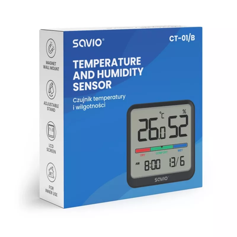 Savio CT-01/B kabelloser Temperatur- und Feuchtigkeitssensor für den Innenbereich, LCD, Uhr, Datum, Magnethalterung, schwarz