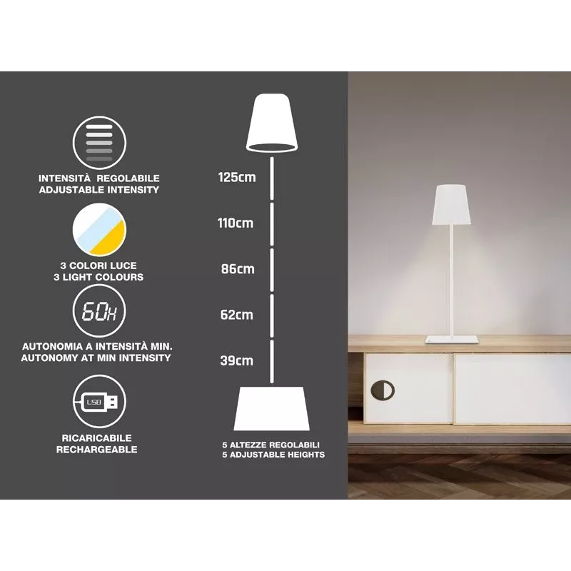 Beper P201UTP404 aufladbare LED-Stehlampe, höhenverstellbar, 2,5 W, dimmbar, Metall, weiß