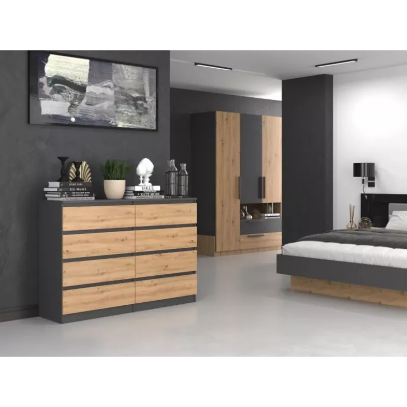 Kommode Top e shop M8 140 ANT/ART — 8 Schubladen, Anthrazit/Eiche, 1380×400×970 mm, Spanplatte