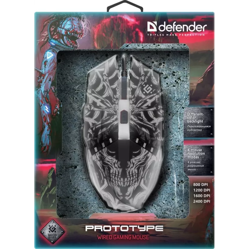 Defender PROTOTYPE GM-670L Gaming-Maus, optisch, 2400 DPI, kabelgebundenes USB, beidhändig, beleuchtet, schwarz