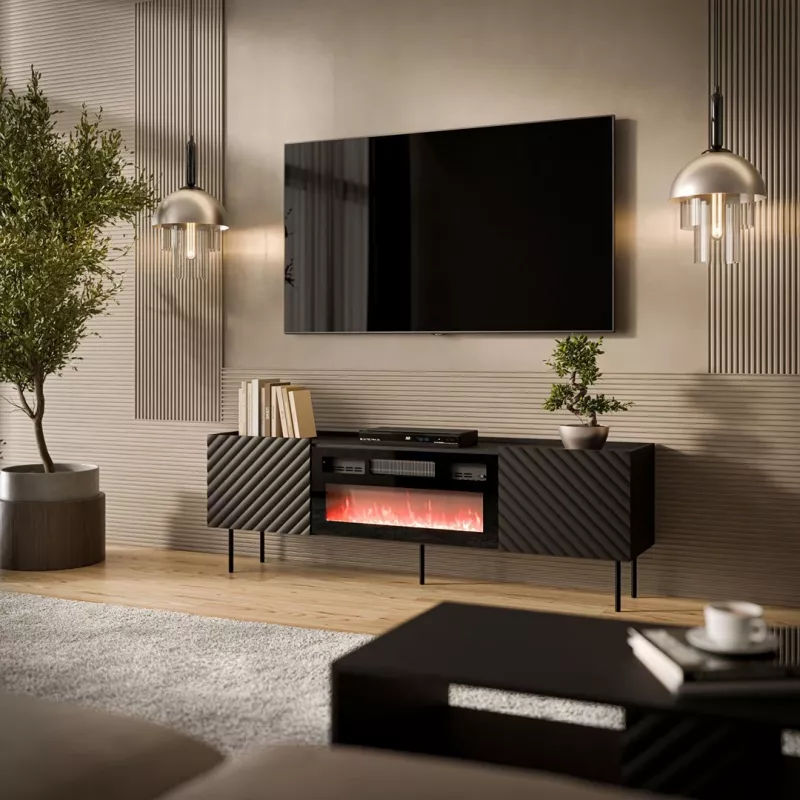 TV-Schrank Cama Meble LUCCA 180x40x59 cm, schwarze Oberseite und Rahmen, Spanplatte, inklusive schwarzem Kamin