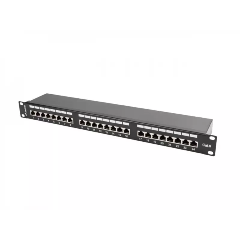 Patchpanel 1U LANBERG PPS6-1024-B, 24-Port Cat6, Metall, schwarz, 442×114,5×44,5 mm