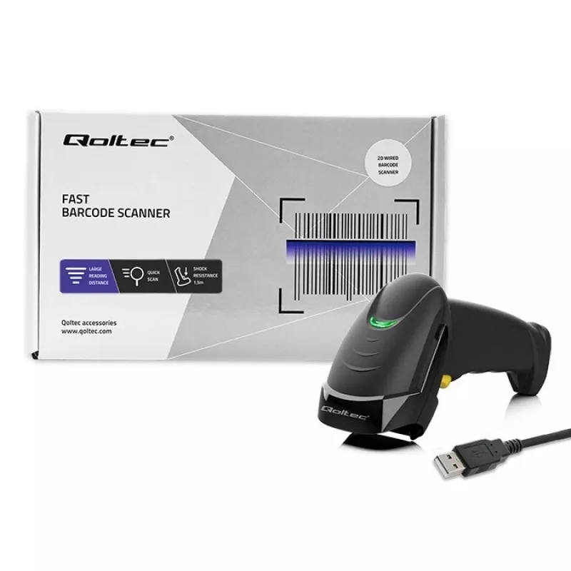 Qoltec 50853 Hand-Laser-Barcodescanner 1D/2D, kabelgebunden USB, 1,65 m Kabel, 97x65x167 mm, 105 g, Schwarz