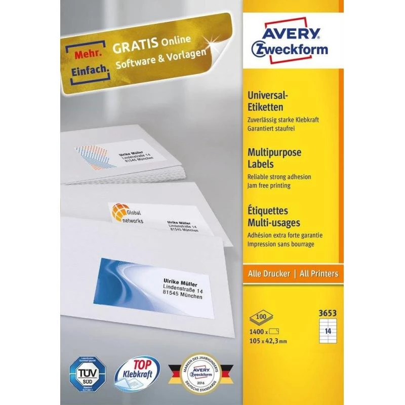Avery 3653 selbstklebendes Etikett Rechteck Permanent Weiß 1400 Stk.