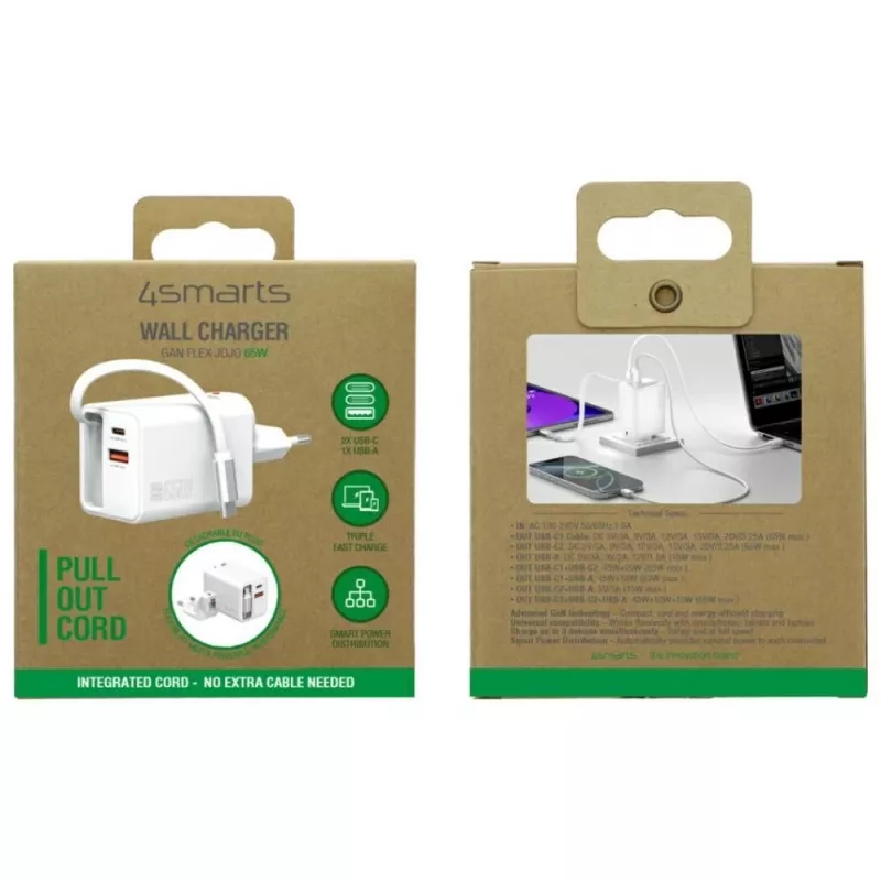 4smarts 541065 GaN Flex Jojo 65W Netzladegerät, 2x USB-C PD + USB-A QC 3.0, einziehbares USB-C-Kabel, 100-240V, Weiß