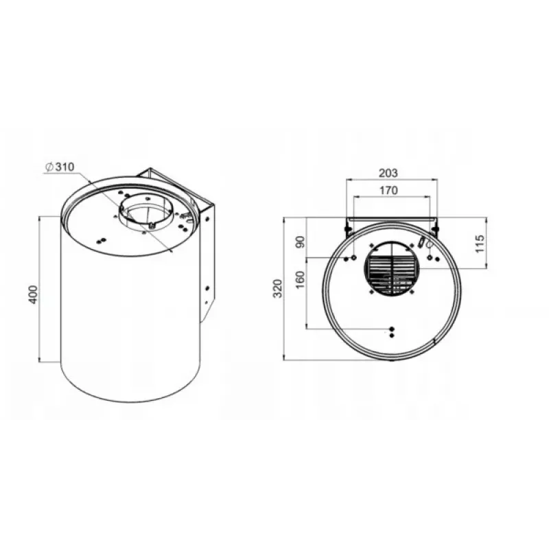 Dunstabzugshaube MAAN Elba Mini WPB 431 — weiß, Stahlgehäuse, elektronische Steuerung, 120–300 m³/h, ø310 mm, Höhe 400 mm