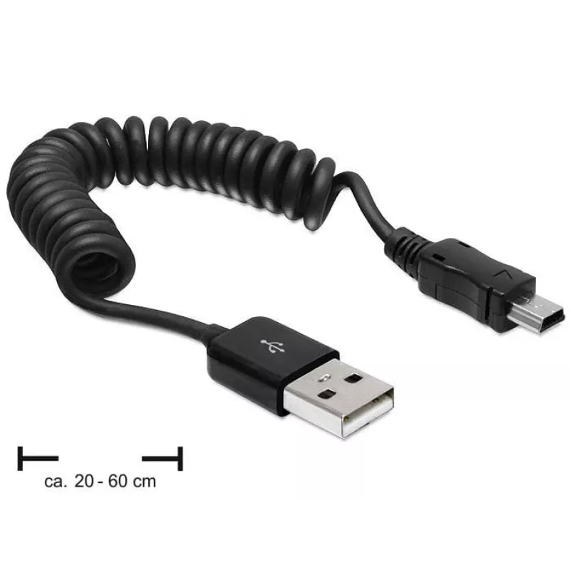 DeLOCK 83164 USB 2.0 Spiralkabel, USB-A auf Mini-USB B, 0,6 m, Schwarz