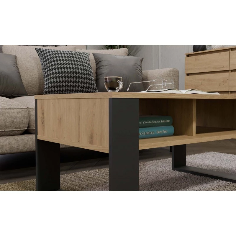 Couchtisch top e shop Modern 90×58×50 cm, anthrazitfarbener Rahmen, Regalböden in Eiche Artisan matt