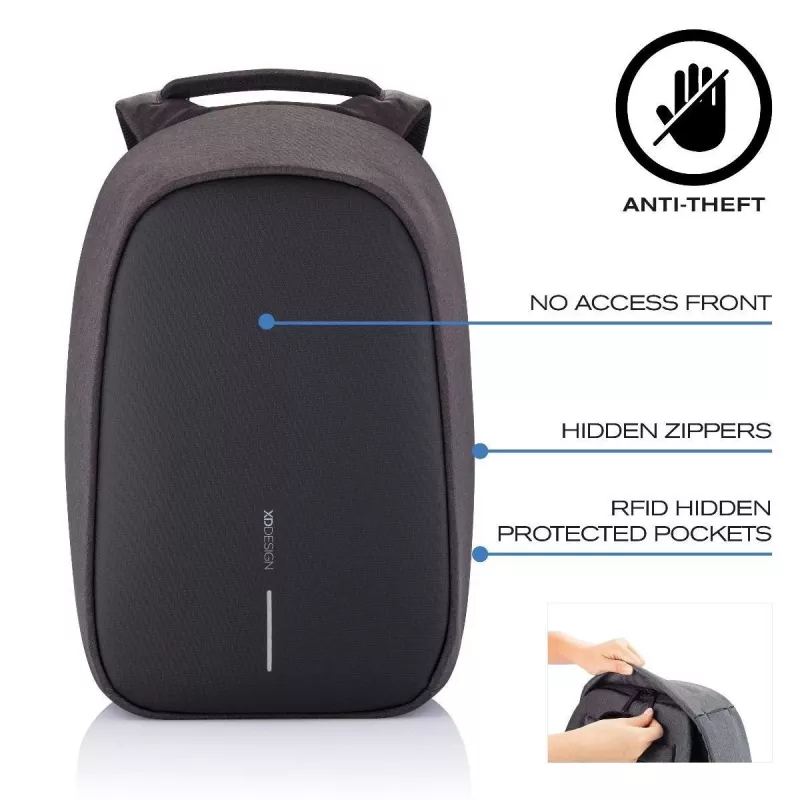 XD Design Bobby Hero Small P705.701 Anti-Diebstahl-Rucksack, 13,3-Zoll-Laptop, 12,9-Zoll-Tablet, 10,5 l, PET, Schwarz