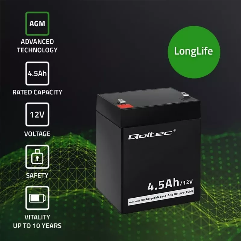 Qoltec 53033 AGM-Akku 12 V 4,5 Ah, max. 1,35 A, wartungsfrei